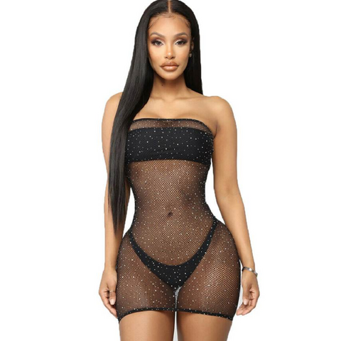 QUEEN LINGERIE - VESTIDO ERÓTICO DE CUERPO SEXY DE RED CON BRILLANTES Y TRANSPARENCIAS S/L COLOR NEGRO