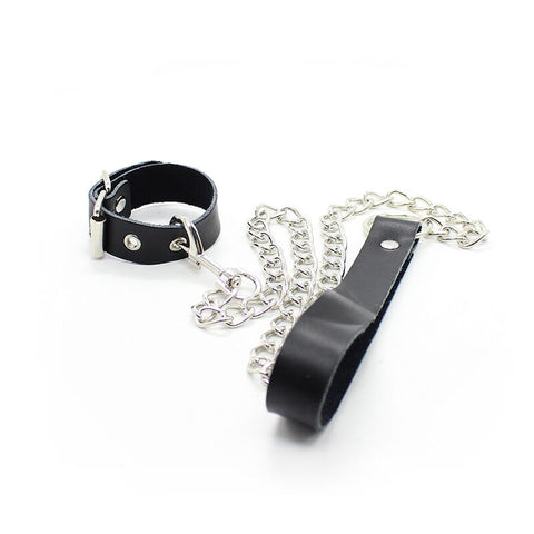 OHMAMA FETISH - Leather penis collar and leash with metal chain