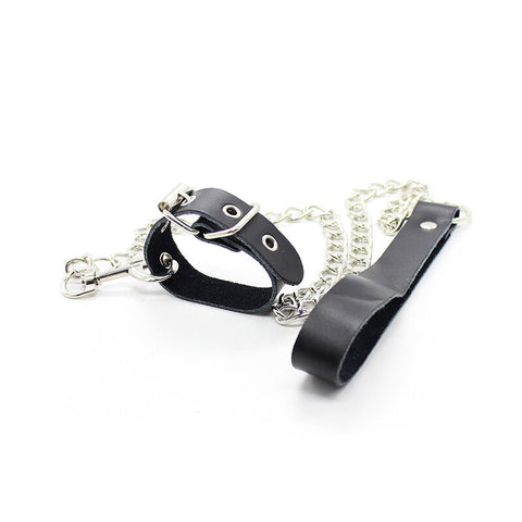 OHMAMA FETISH - Leather penis collar and leash with metal chain