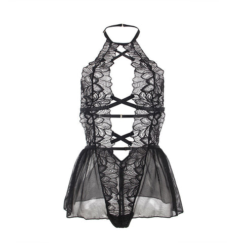 SUBBLIME - HALTER NECK TEDDY WITH OPEN BACK IN BLACK LACE S/M