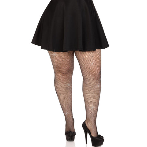 LEG AVENUE - BLACK CRYSTALLIZED FISHNET TIGHTS PLUS SIZE