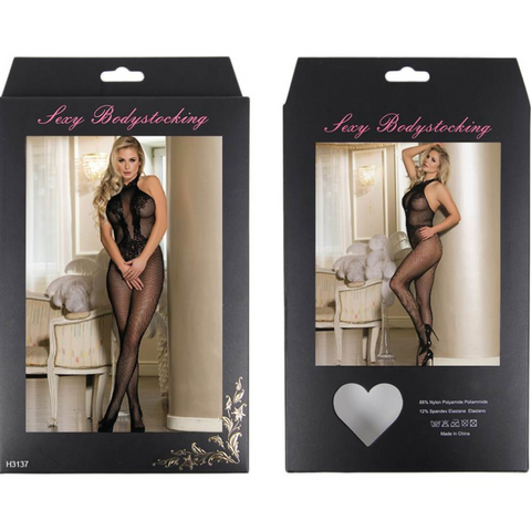 QUEEN LINGERIE - BODYSTOCKING CON ABERTURA Y ENCAJE FLORAL S/L
