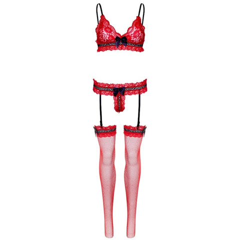 LEG AVENUE - THREE-PIECE LACE SET - ONE SIZE - RED