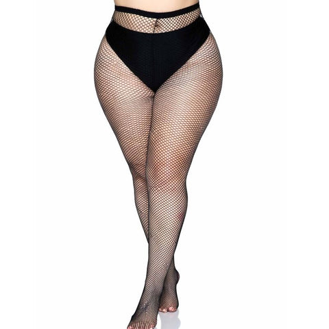 LEG AVENUE - BLACK FISHNET STOCKINGS PLUS SIZE