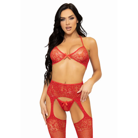 LEG AVENUE - THREE-PIECE BRA, THONG, AND STOCKING SET - ONE SIZE - BLACK