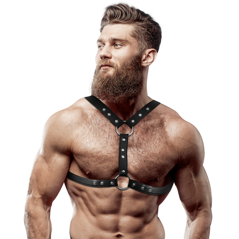 FETISH SUBMISSIVE ATTITUDE - MEN'S DOUBLE-SUPPORT, STUDDED, ECO-LEATHER CHEST HARNESS