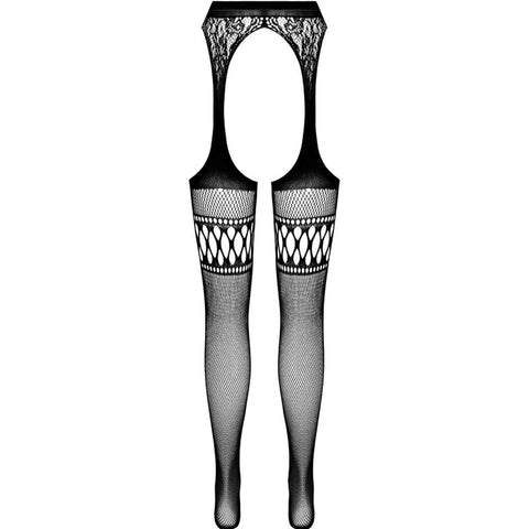 PASSION - S026 BLACK STOCKINGS WITH GARTER BELT ONE SIZE