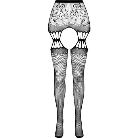 PASSION - S027 BLACK STOCKINGS WITH GARTER BELT ONE SIZE