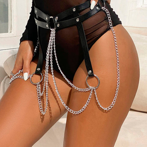 SUBBLIME - BLACK LEATHER RING CHAIN ​​BELT ONE SIZE